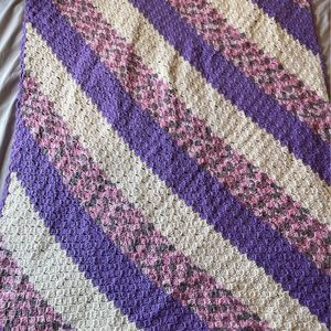 Handmade Afghan Throw Blanket 44”x 72”. Cream/Purple/Pink Grey